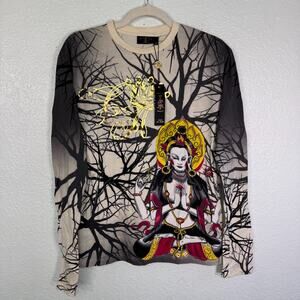 Christian Audigier Shirt Mens Small All Over Buddha Flower Grunge Y2K Tattoo NEW